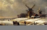 Figures On A Frozen Waterway By A Windmill by Lodewijk Johannes Kleijn